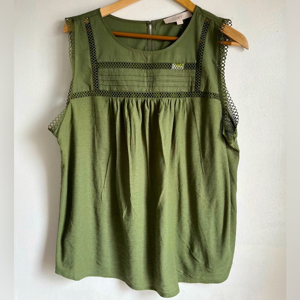 LOFT Olive Green Sleeveless Crochet Yoke Blouse